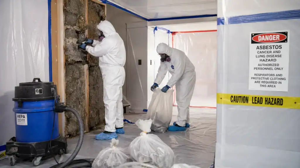 Asbestos removal team in Montgomery County, PA using full protective gear while containing and removing hazardous building materials