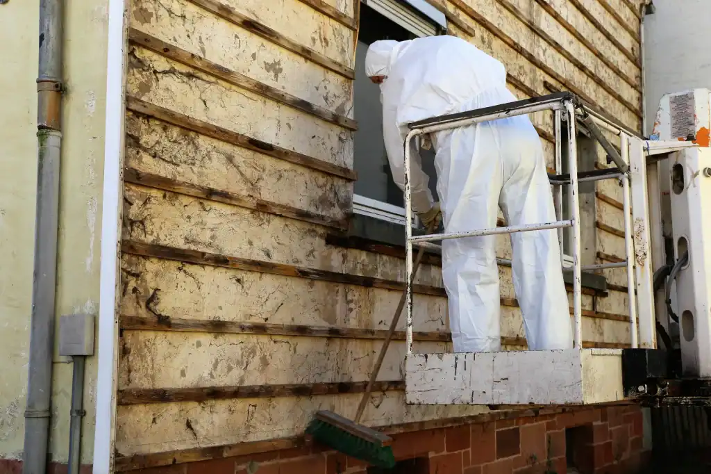 Asbestos removal worker in Montgomery County, Pennsylvania wearing full protective gear and respirator during hazardous material abatement