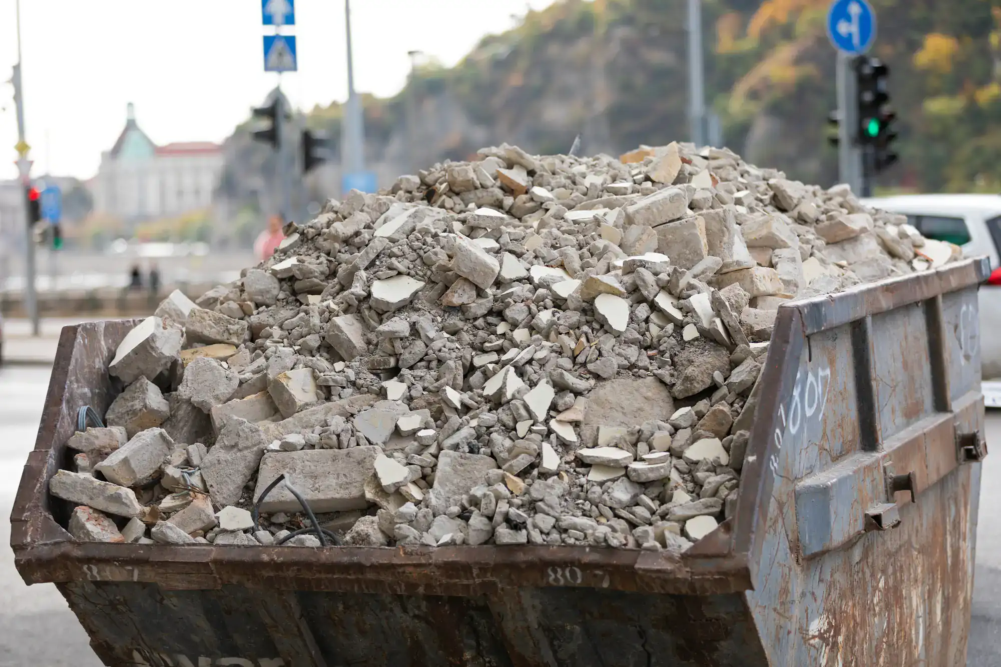 Large demolition debris container placed on a job site in Montgomery County, Pennsylvania for construction waste removal