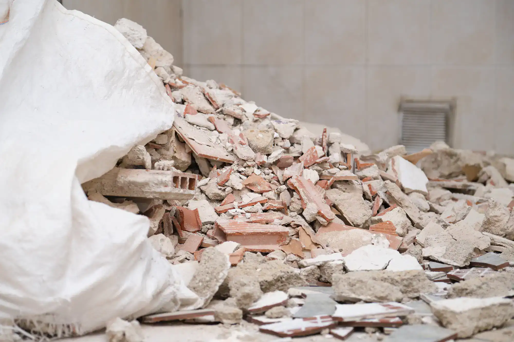 Demolition debris rubble pile at a Montgomery County, Pennsylvania property during cleanup and site preparation